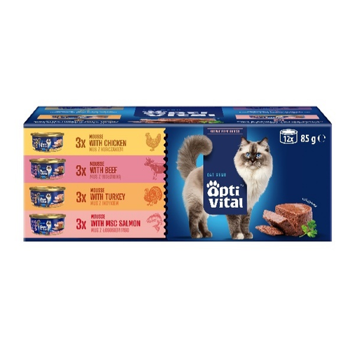 Opti Vital mini puszka- Multibox dla dorosłych kotów o smaku woł, kur, indyk, łos 12x85g