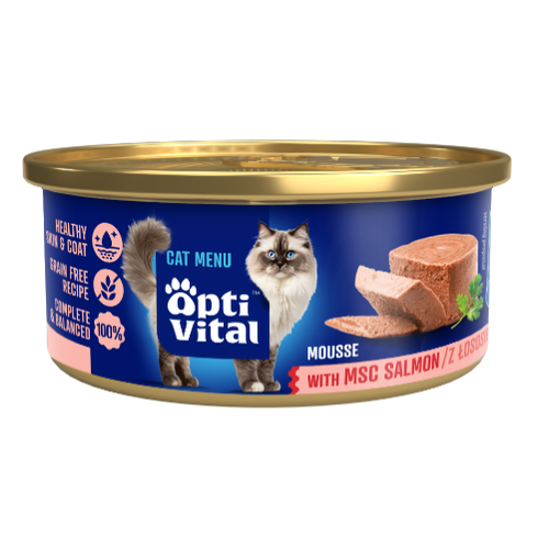 Opti Vital mini puszka - Mus dla dorosłych kotów z łososiem MSC 85g