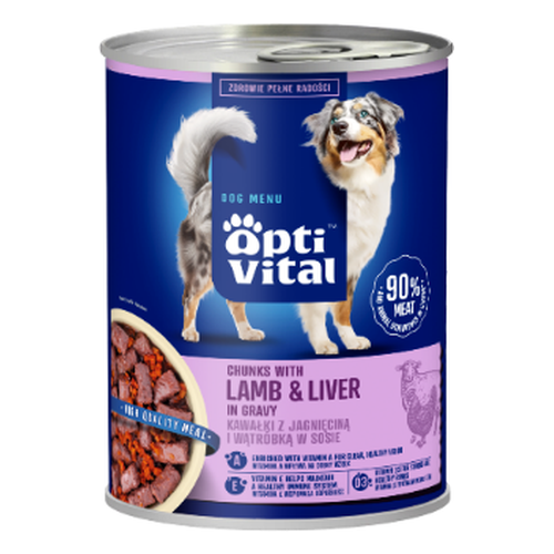 Opti Vital puszka -soczyste kawałki dla dorosłych psów z jagnięciną i wątróbką drobiową w sosie 1250g