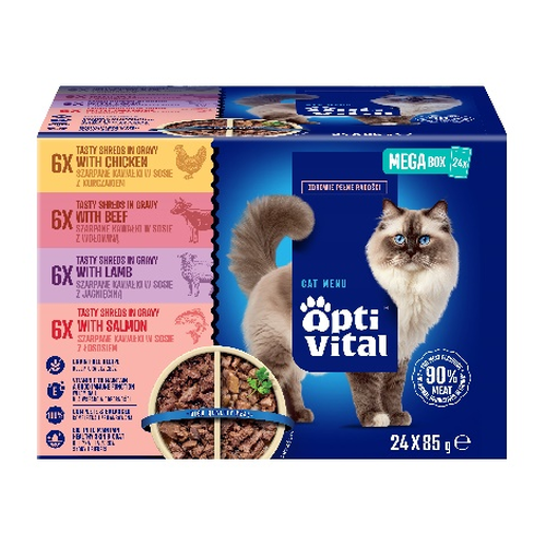 Opti Vital saszetki - pełnoporcjowa karma dla dorosłych kotów. Z kurczakiem, wołowiną, jagnięciną, łososiem 24x85g