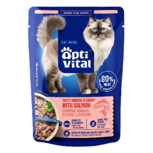 Opti Vital szarpane kawałki dla kota z łososiem w sosie 85g